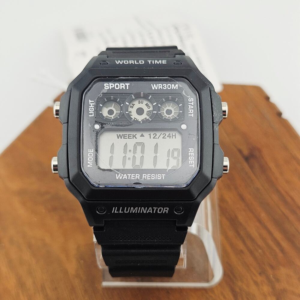Illuminator Digital Sports Watch Black Multi Dial Timer Calendar Water Resistant